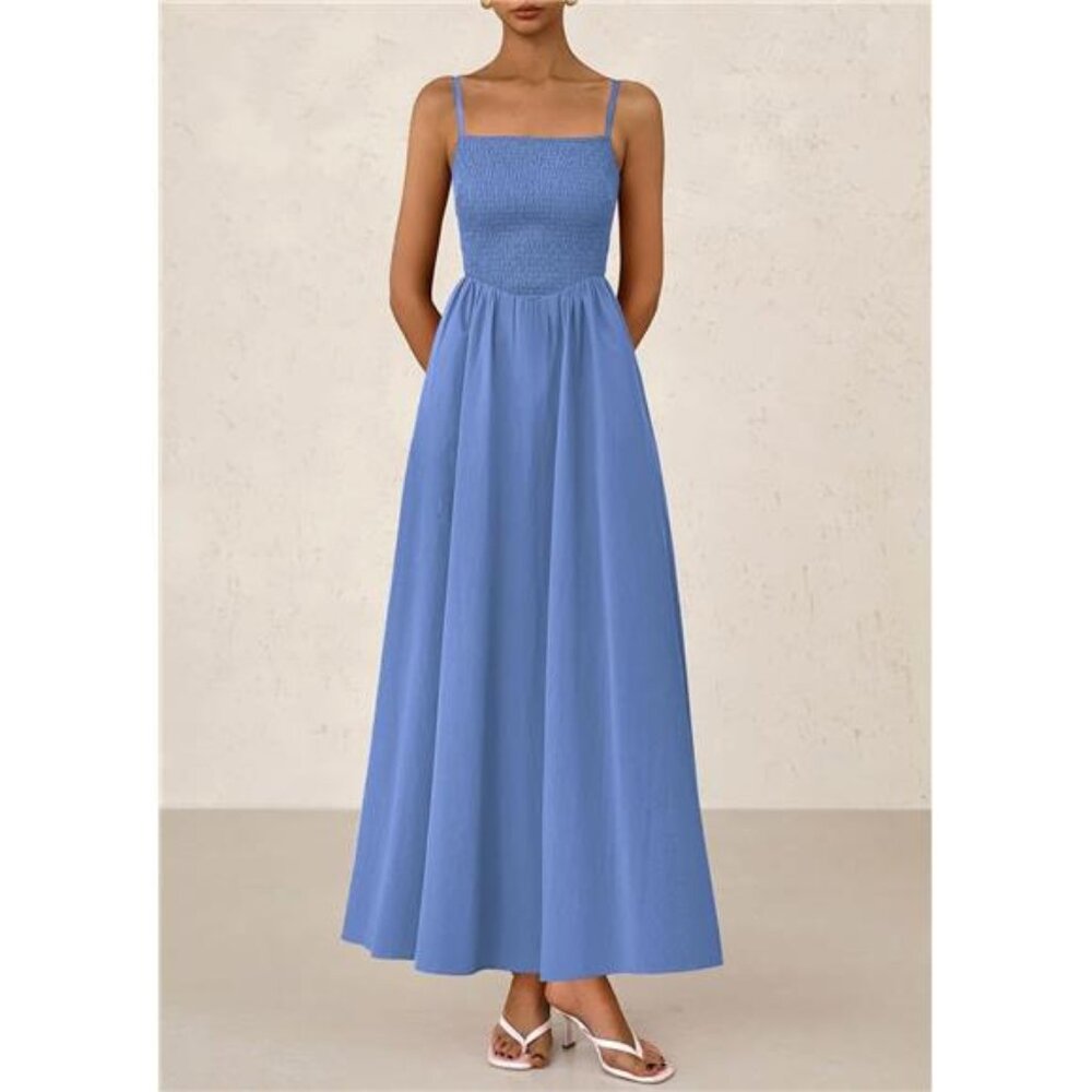 Women's Smocked | Maxi Dress | 2025 Summer | Beach Sundress | Casual | Blue - Picture 4 of 6